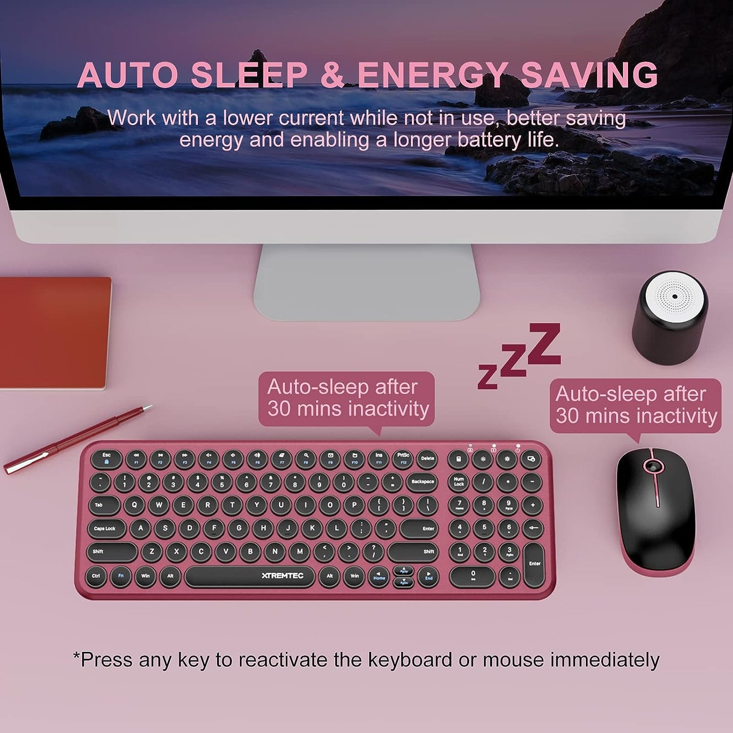 Wireless Keyboard and Mouse, XTREMTEC 2.4G Full Size Wireless Keyboard Mouse Combo - Ultra Slim Silent Cute Computer Keyboard with USB Receiver for Windows, OS, PC, Desktop, Mac, Tablet (Wine Red)