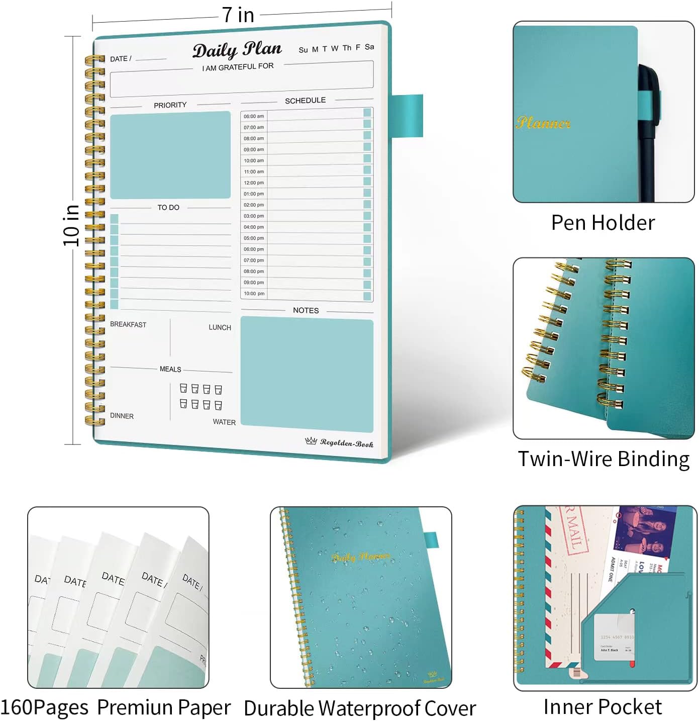 Daily Planner Undated, To Do List Notebook with Hourly Schedule Calendars Meal, Spiral Appointment Organizers Notebook for Man/Women, Pocket,Pen Loop, 160 Pages (7x10")