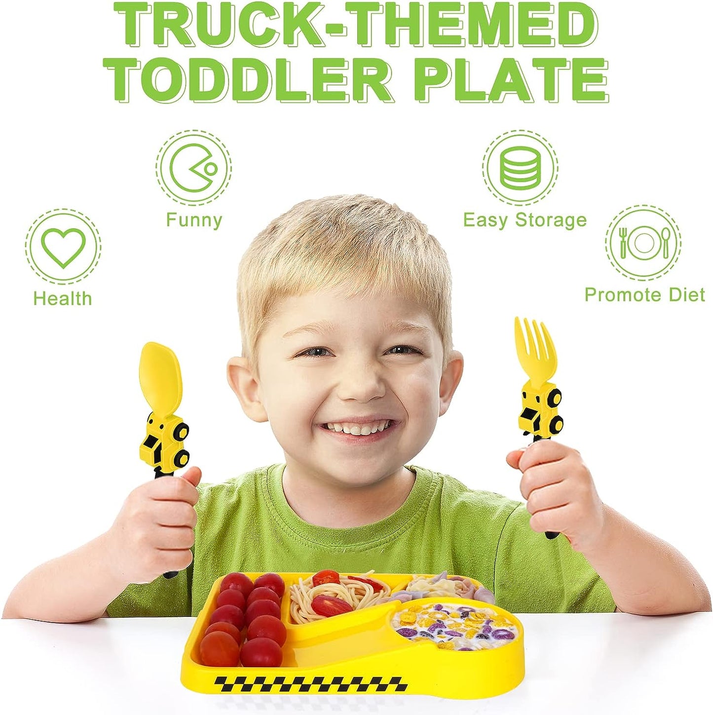 Toddler Plates - Toddler eating Utensil set with Spoon Fork and Removable Straw - Construction theme Toddler Utensils - Baby Plates Feeding set - Construction Plates and Cutlery