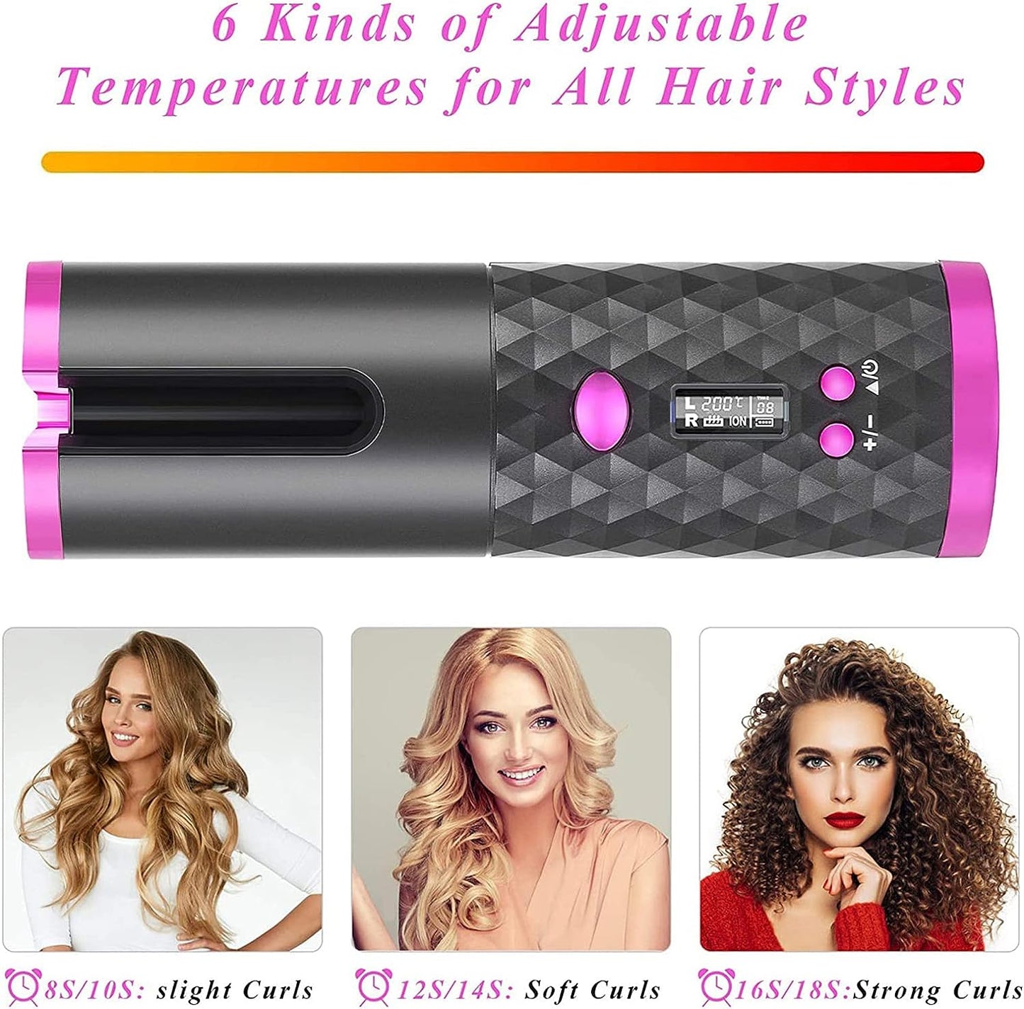 Cordless Auto Hair Curler, Automatic Curling Iron with LCD Display Adjustable Timer & Temperature, Portable Rotating Ceramic Barrel Curling Wand Fast Heating Hair Curler