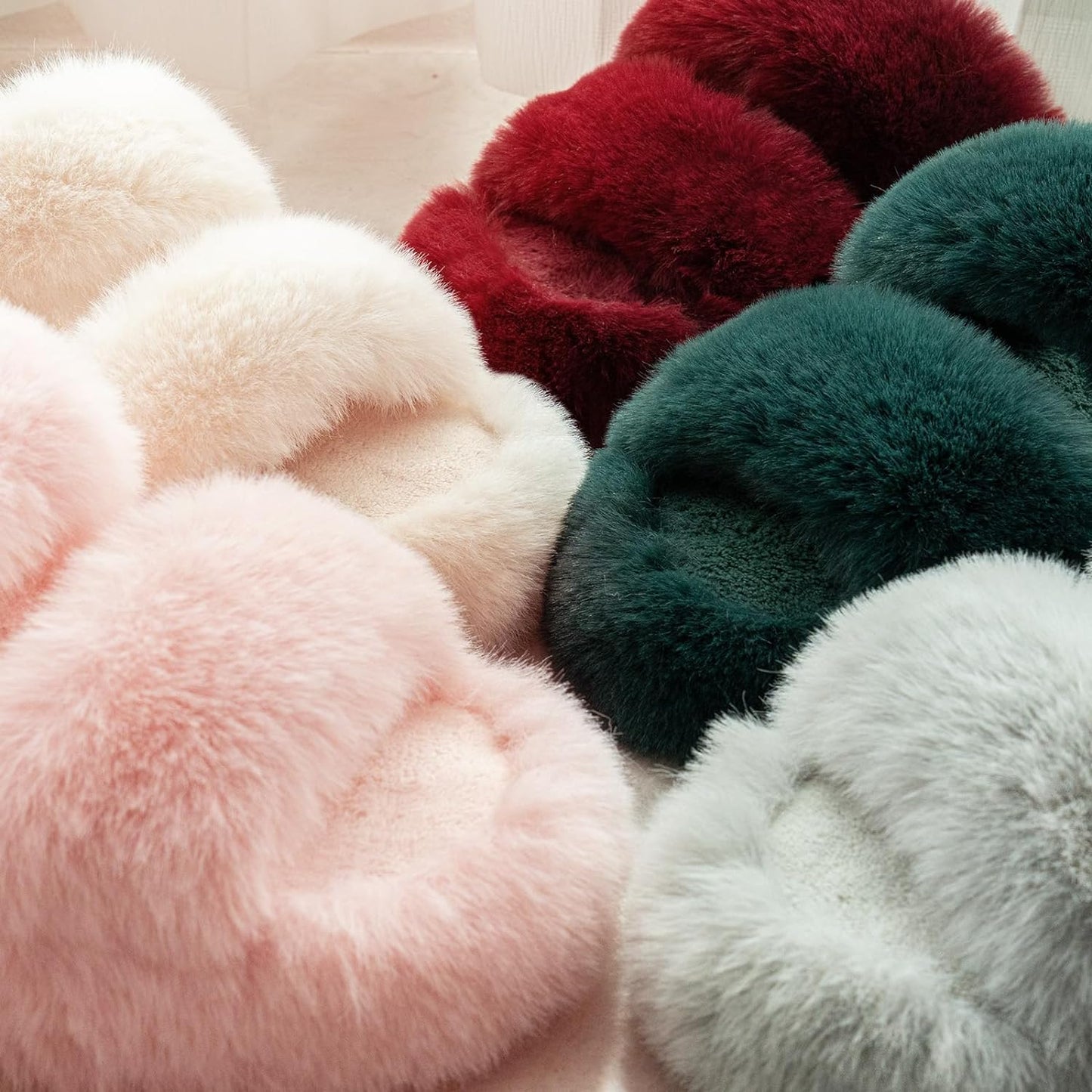 Women's Fluffy Faux Fur Slippers Comfy Open Toe Two Band Slides with Fleece Lining and Rubber Sole