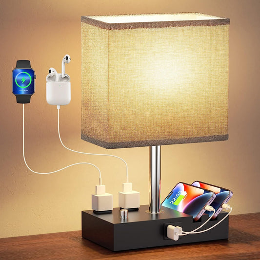 Fully Dimmable Nightstand Lamp for Bedroom with USB C Ports, Grey Small Bedside Table Lamp with Charging Outlets and Phone Stands, Wooden Desk Lamp for Living Room, LED Bulb Included