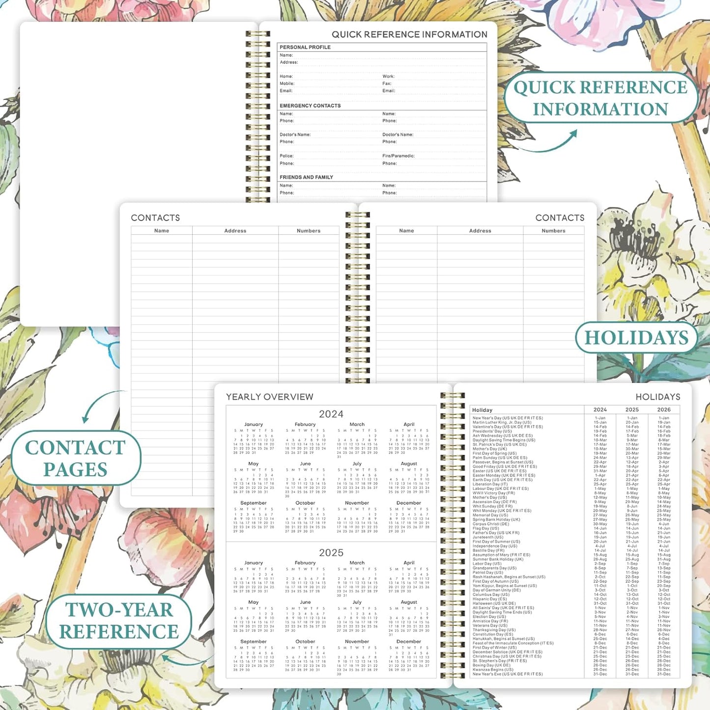 2024 Planner - Planner 2024, Jan.2024 - Dec.2024, 8" x 10", 2024 Planner Weekly & Monthly with Tabs, Thick Paper + Twin-Wire Binding + Contant + Canledar +Holidays, Daily Organizer - Art Floral
