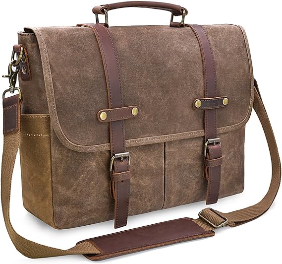 Mens Messenger Bag 15.6 Inch Waterproof Vintage Genuine Leather Waxed Canvas Briefcase Large Leather Computer Laptop Bag Rugged Satchel Shoulder Bag