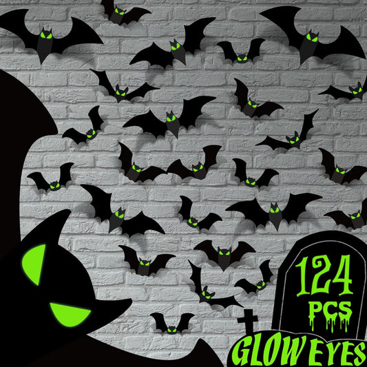 Halloween Decorations - Bats Wall Decor Large Glow Eyes 3D Halloween Plastic Bats Halloween Party Decorations Supplies Halloween Decor for Home Room Bathroom Wall Indoor Outdoor 124 Pcs Bats