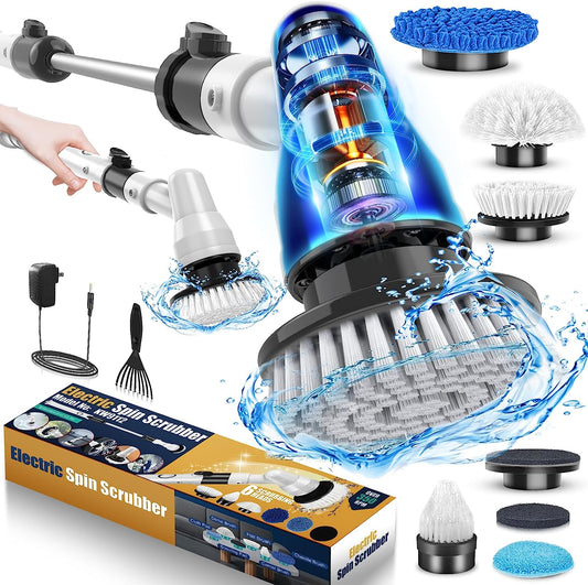 Rechargeable Electric Spin Scrubber, Cordless Cleaning Brush with Adjustable Extension Arm 6 Replaceable Cleaning Heads, Power Shower Scrubber for Bathroom Floor Tile Car Tub