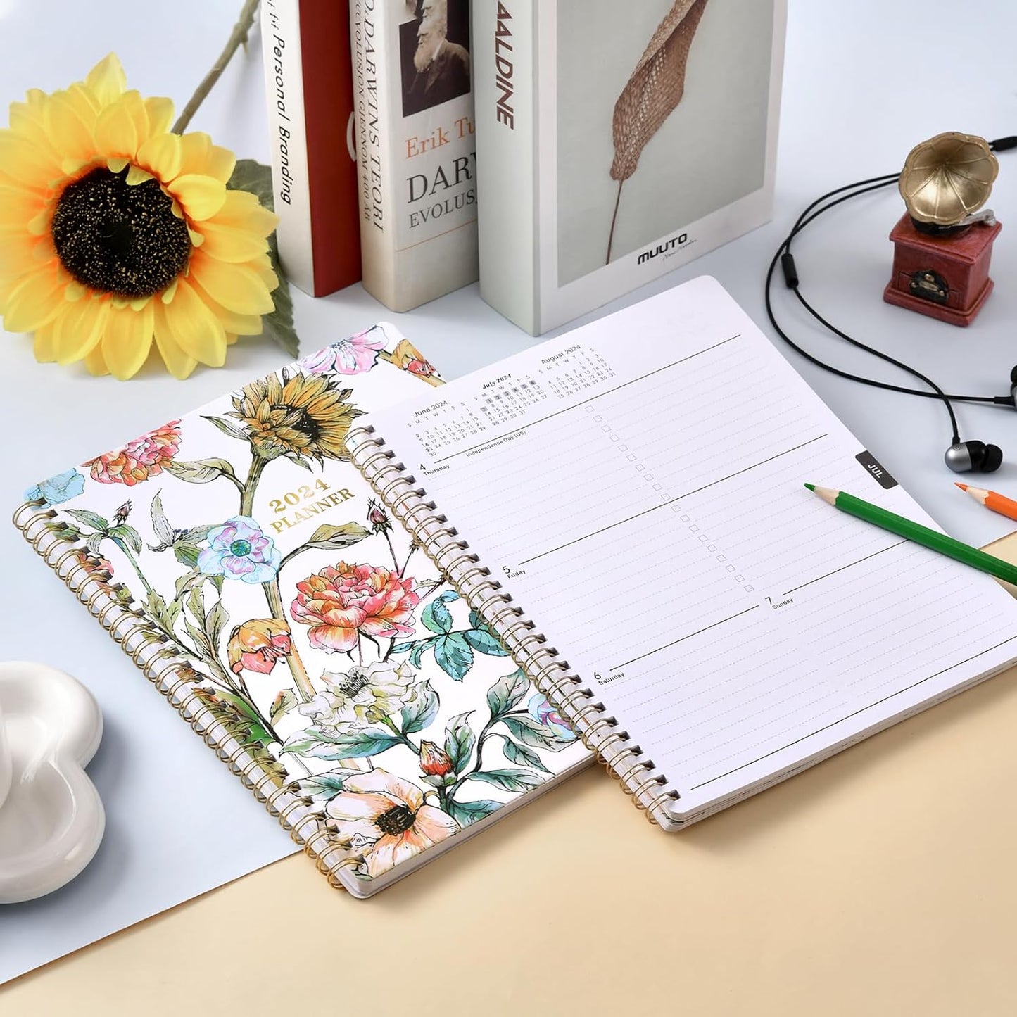 2024 Planner - Planner 2024, Jan.2024 - Dec.2024, 8" x 10", 2024 Planner Weekly & Monthly with Tabs, Thick Paper + Twin-Wire Binding + Contant + Canledar +Holidays, Daily Organizer - Art Floral