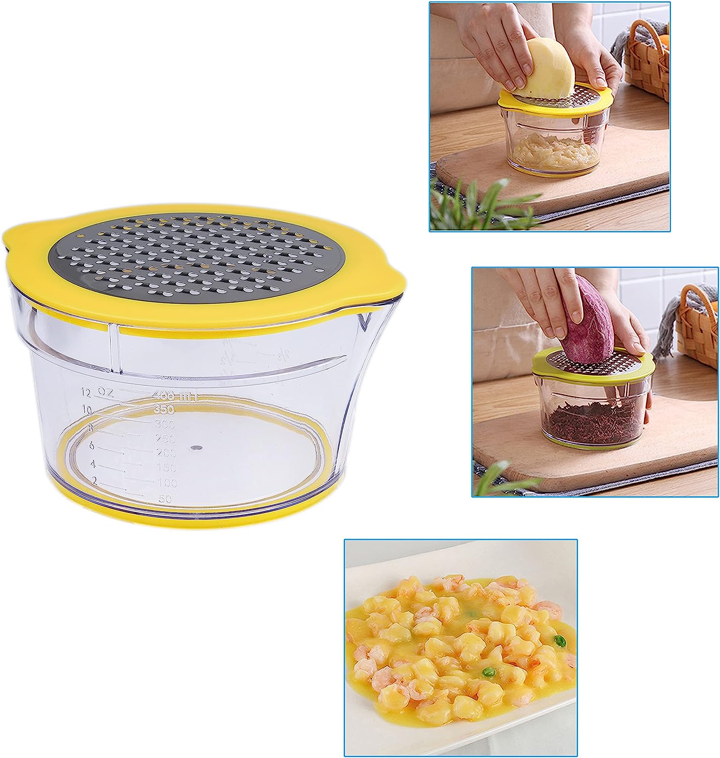 Corn Stripper / Potato Peeler and Fruit / Vegetable / Chocolate Grater with Measuring Bowl - Space Saving Design - Non Slip Silicone Bottom - Dishwasher Safe - No Electricity, No Noise