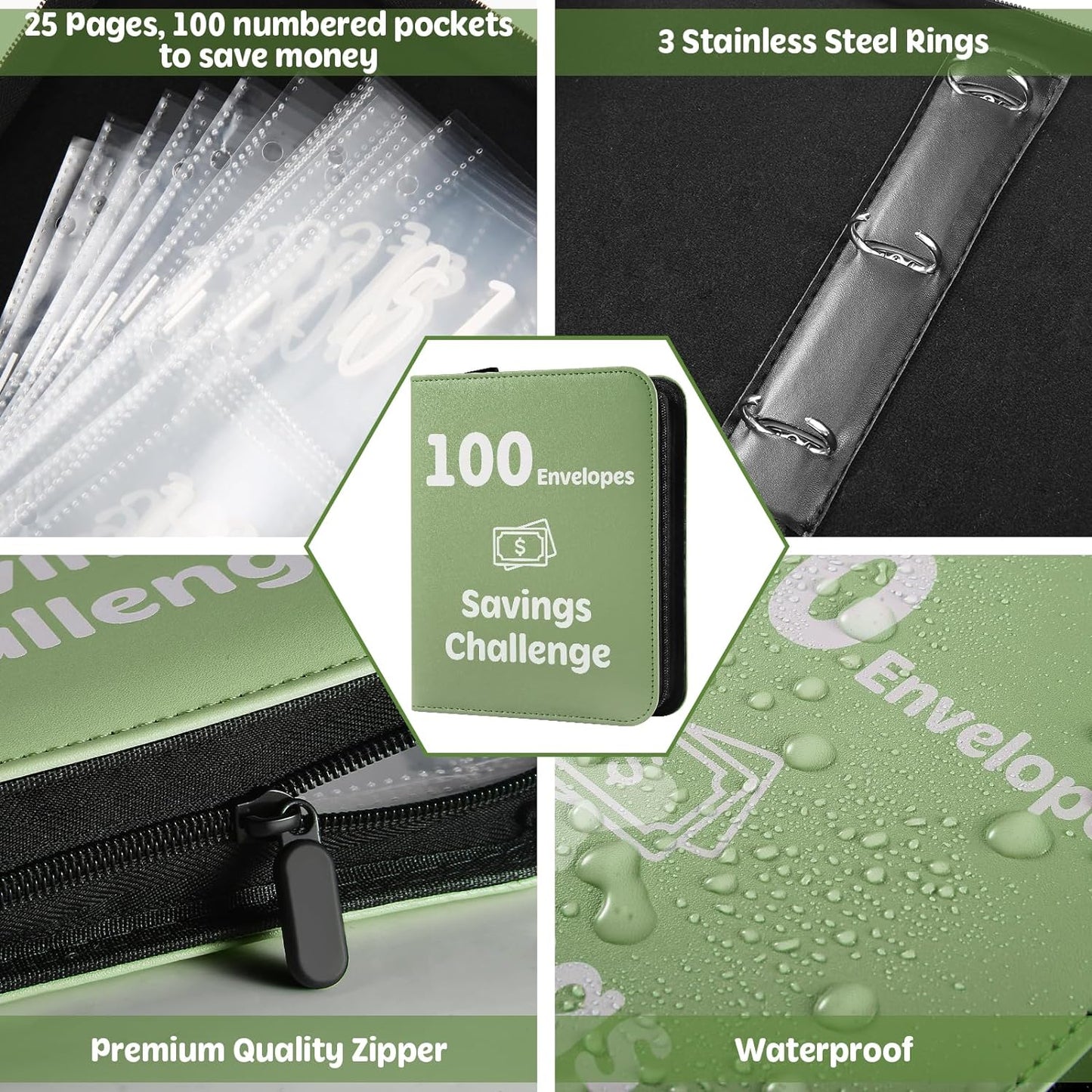 100 Envelopes Money Saving Challenge Binder with Laminated Tracker, PU Money Saving Challenge Budget Binder with Cash Envelopes, Savings Challenge Book with Zipper