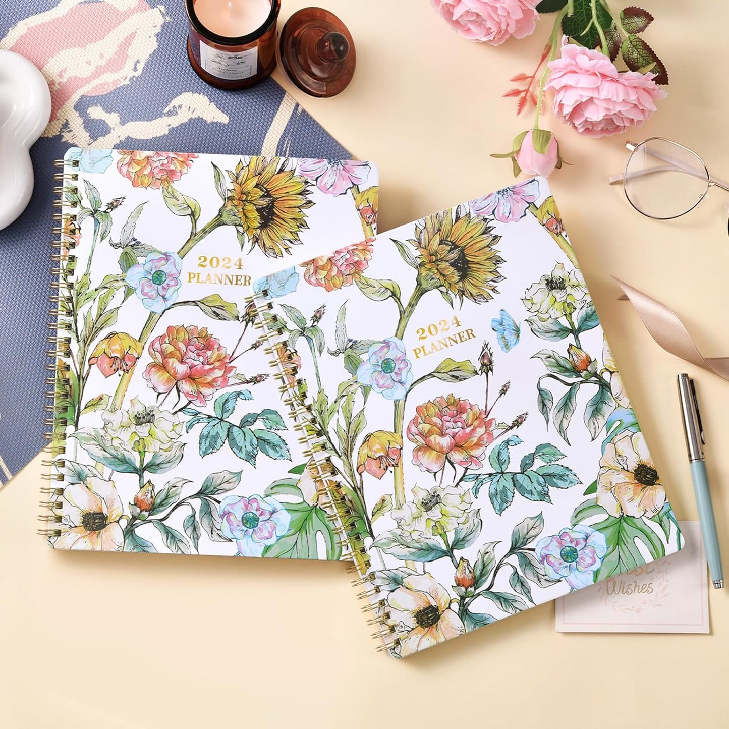 2024 Planner - Planner 2024, Jan.2024 - Dec.2024, 8" x 10", 2024 Planner Weekly & Monthly with Tabs, Thick Paper + Twin-Wire Binding + Contant + Canledar +Holidays, Daily Organizer - Art Floral