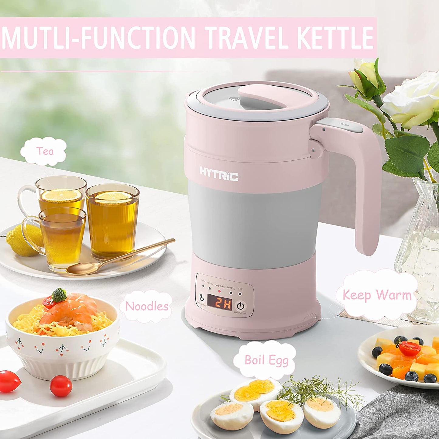 Travel Electric Kettle, 700ML Foldable Small Electric Kettle BPA-Free, Portable Electric Kettle with Multifunctional Panel, Collapsible Hot Water Kettle with Keep Warm & Delay Start, 110V Pink