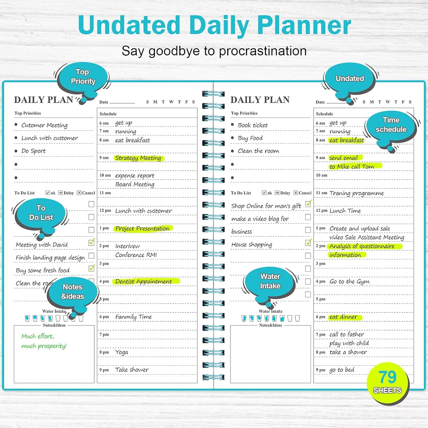 Daily Planner Undated, Asten To Do List Notebook Hourly Schedules Spiral Appointment Planner for Men and Women,PVC Hardcover,Elastic Closure, Inner Pocket 8.3" x 5.8"