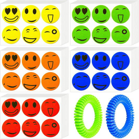 Mosquito Repellent Stickers 300 Pcs, Smiley Mosquito Patches for Kids and Adults with 2 Pack Individually Wrapped Mosquito Repellent Bracelets, DEET Free Mosquito Repellent Bands for Outdoor Camping