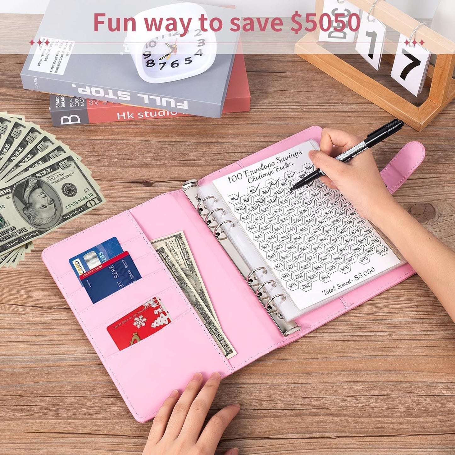 100 Envelopes Challenge Binder,A5 Money Saving Budget Binder-Easy & Fun Way to Save $5,050,Savings Challenges Book with Cash Envelopes for Home,Office,School (Pink)