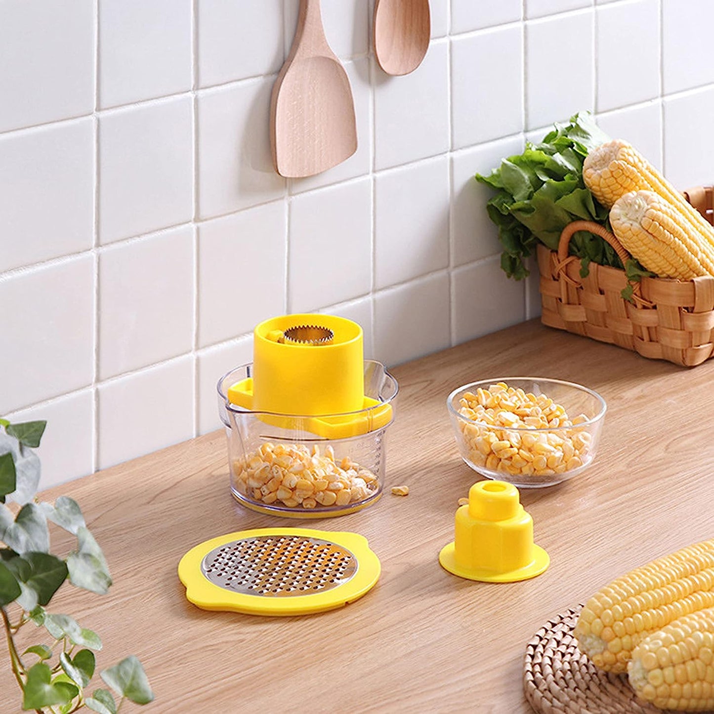Corn Stripper / Potato Peeler and Fruit / Vegetable / Chocolate Grater with Measuring Bowl - Space Saving Design - Non Slip Silicone Bottom - Dishwasher Safe - No Electricity, No Noise