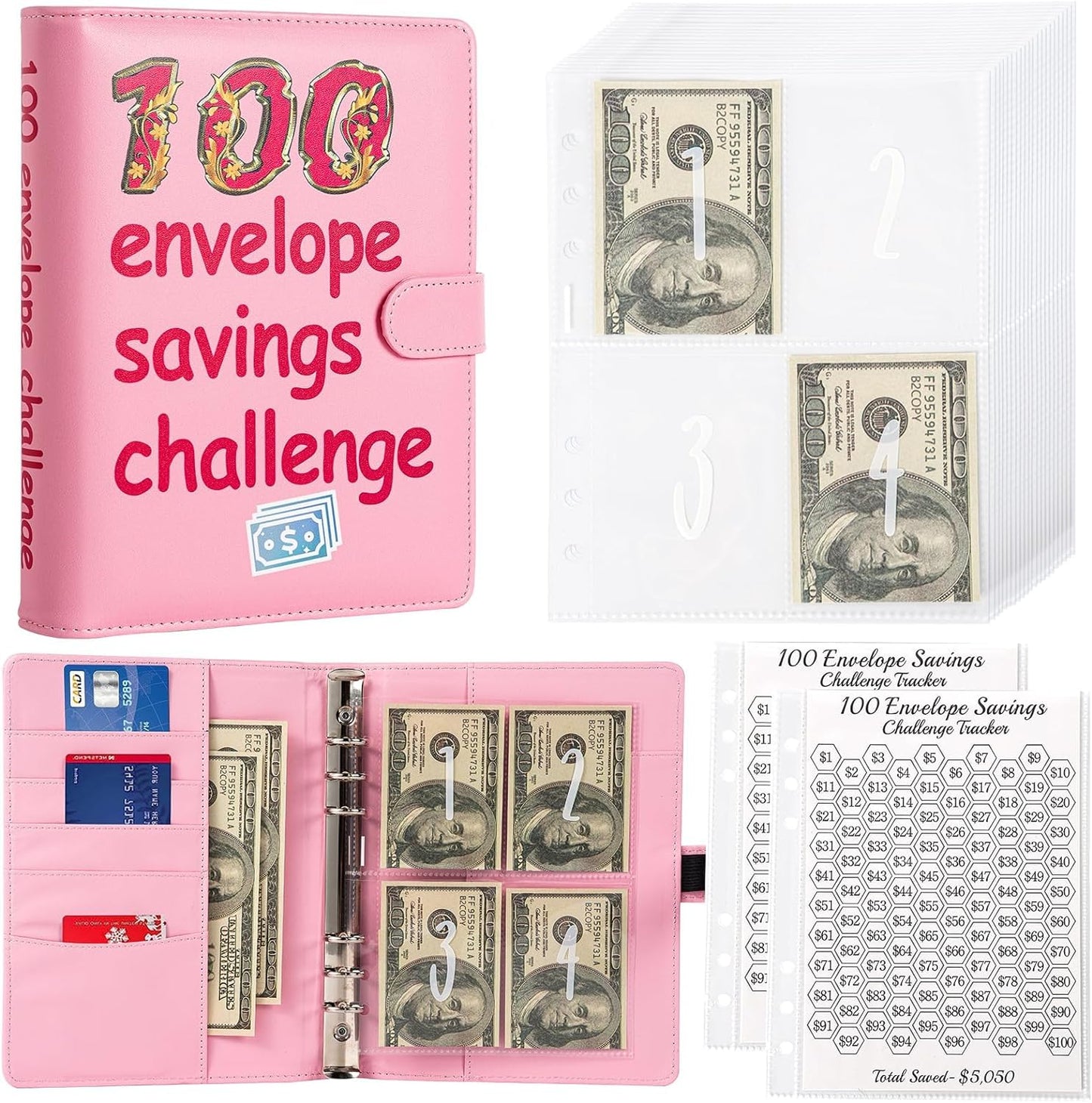 100 Envelopes Challenge Binder,A5 Money Saving Budget Binder-Easy & Fun Way to Save $5,050,Savings Challenges Book with Cash Envelopes for Home,Office,School (Pink)