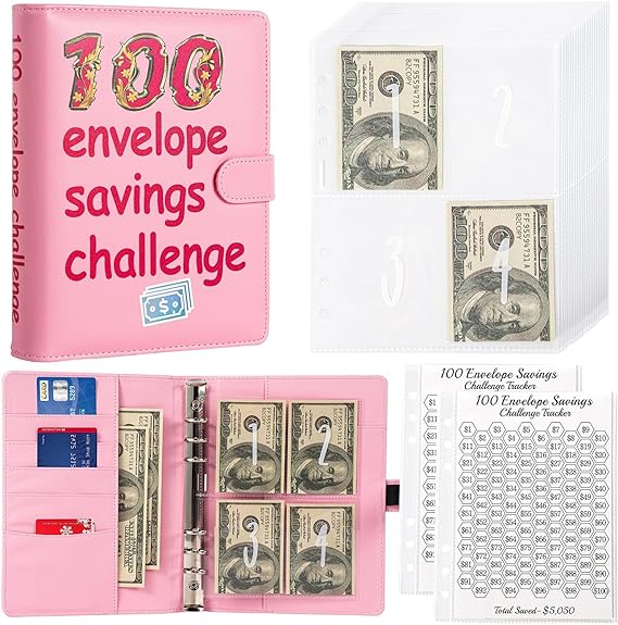 100 Envelopes Challenge Binder,A5 Money Saving Budget Binder-Easy & Fun Way to Save $5,050,Savings Challenges Book with Cash Envelopes for Home,Office,School (Pink)