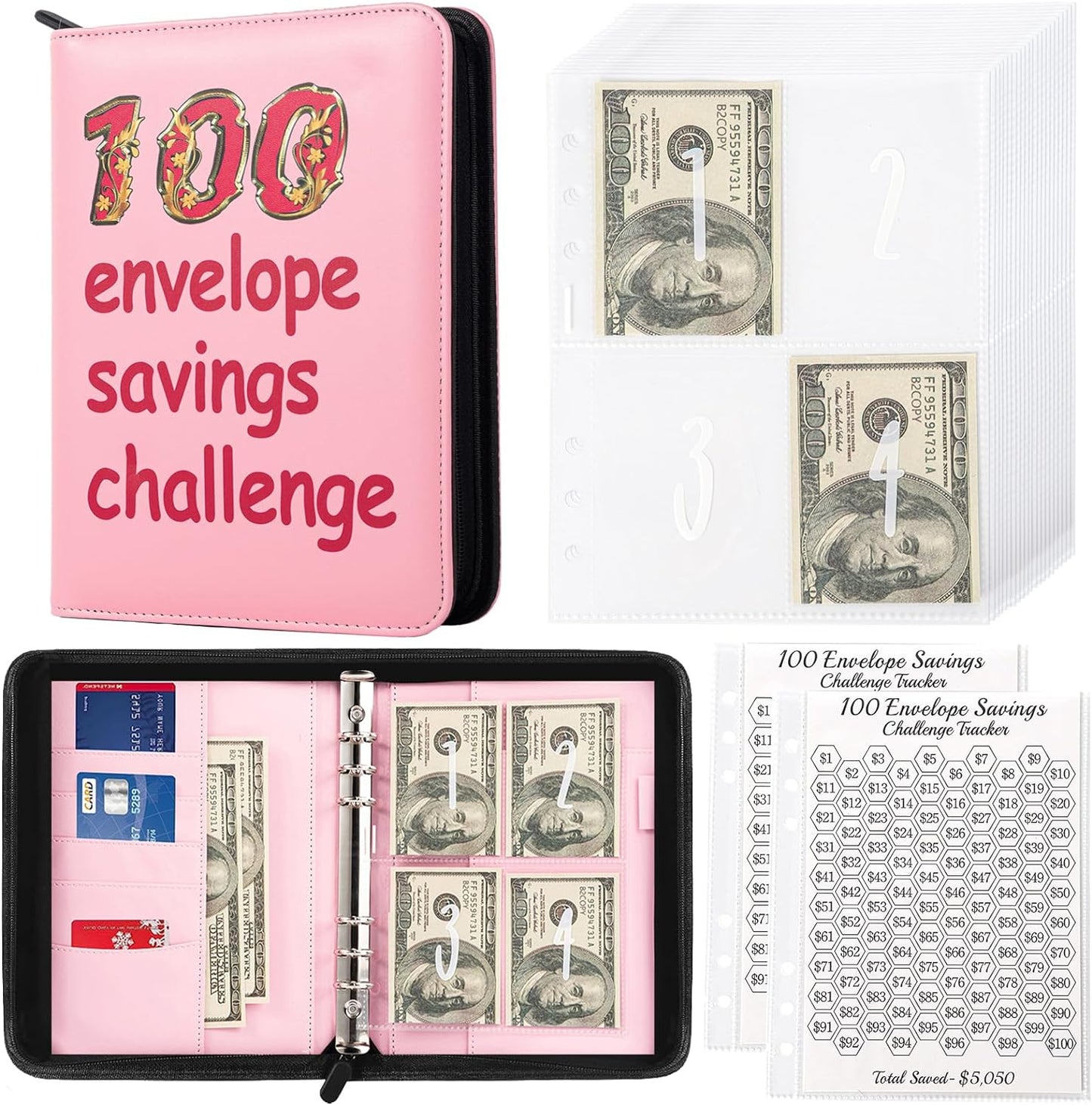 100 Envelopes Challenge Binder,A5 Money Saving Budget Binder-Easy & Fun Way to Save ,Savings Challenges Book with Cash Envelopes for Home,Office,School