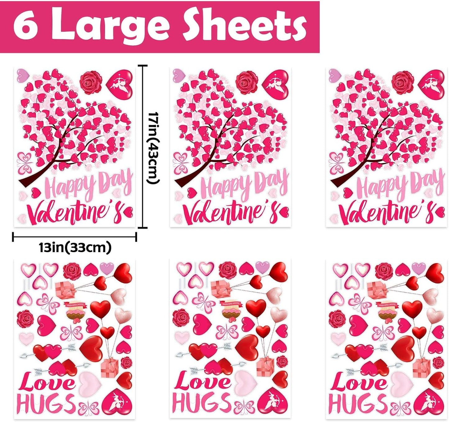 Valentines Day Decorations Heart Window Clings Decor, Large Red Pink Heart Tree Cupid Valentines Day Decor for Kids Home School Office Classroom, Wedding Birthday Party Supplies Gifts, 6 Sheets
