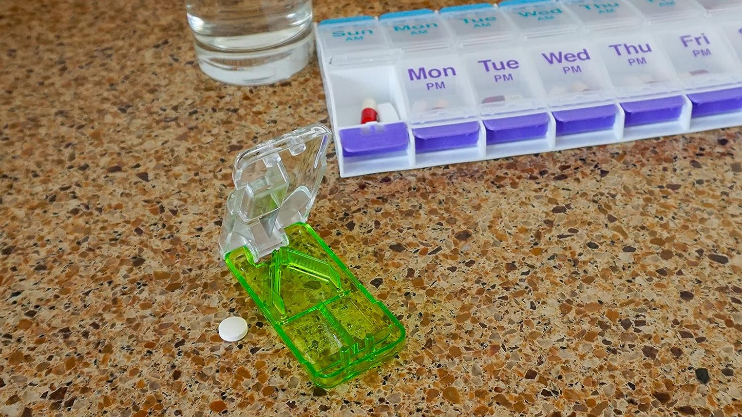 Dose Pill Cutter and Splitter with Dispenser, Cuts Pills, Vitamins, Tablets, Stainless Steel Blade, Travel Sized, Colors May Vary