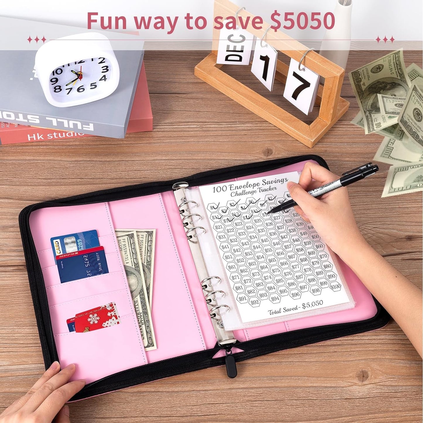 100 Envelopes Challenge Binder,A5 Money Saving Budget Binder-Easy & Fun Way to Save ,Savings Challenges Book with Cash Envelopes for Home,Office,School