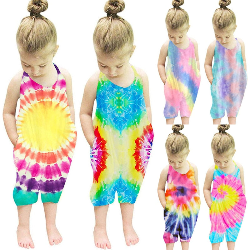 Summer Baby Girl Jumpsuit Sleeveless Bandage Tie Dye Printed One-piece Toddler Girl Overalls Jumpsuit For Girls Kids Dungarees